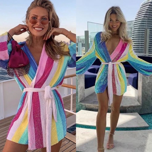 Retrofete Gabrielle NWT Robe Wrap Dress Unicorn Stripe Rainbow Sequin - Picture 5 of 12